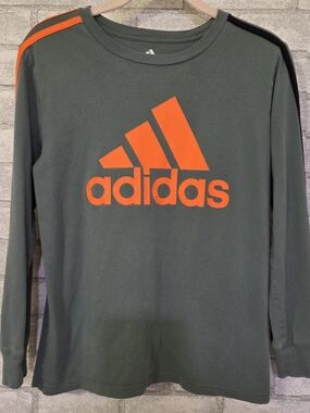 Adidas Long Sleeve Logo Tee - Olive with Bright Orange Logo